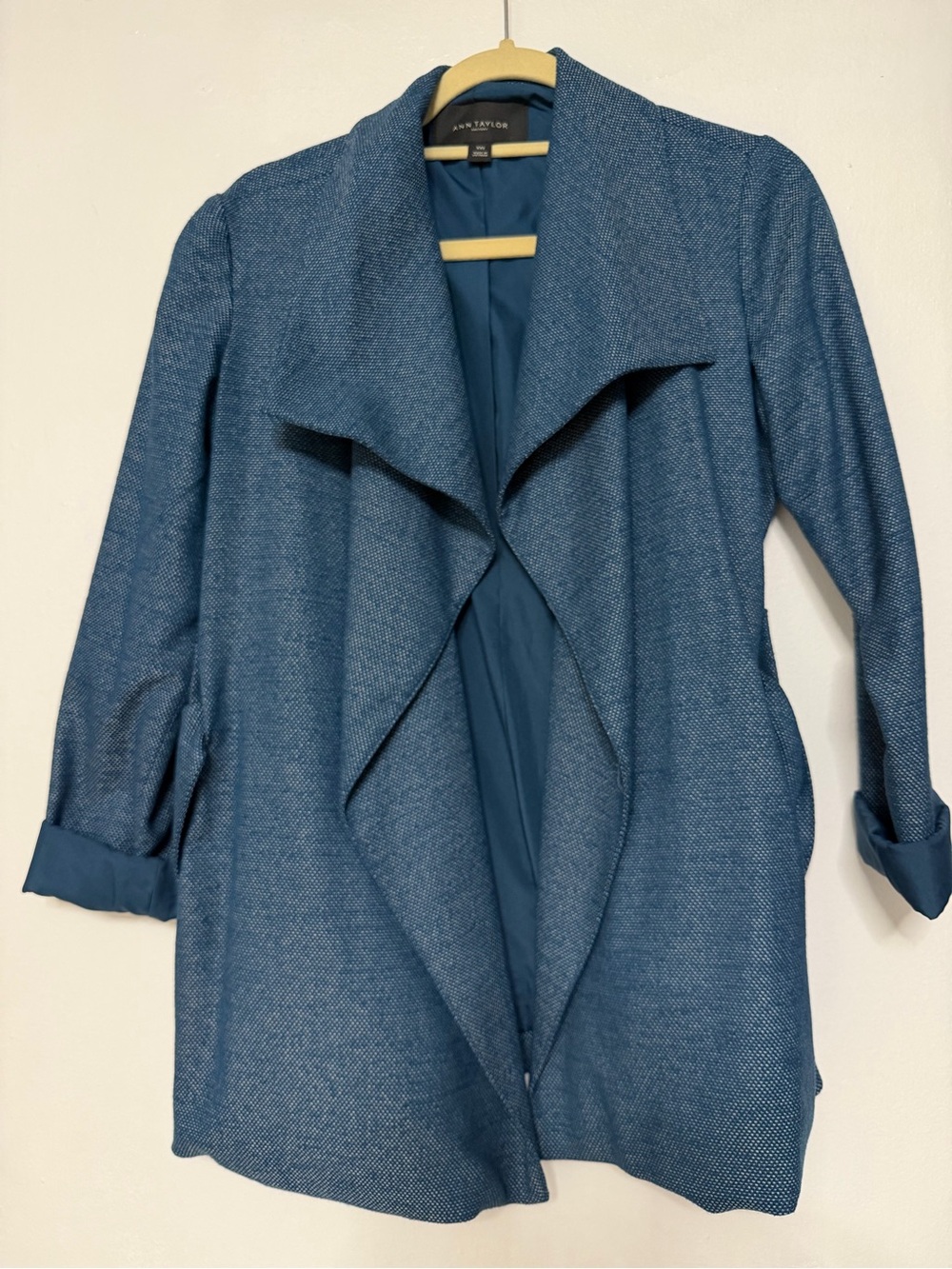 Ann Taylor Textured Teal-Blue Waterfall Jacket